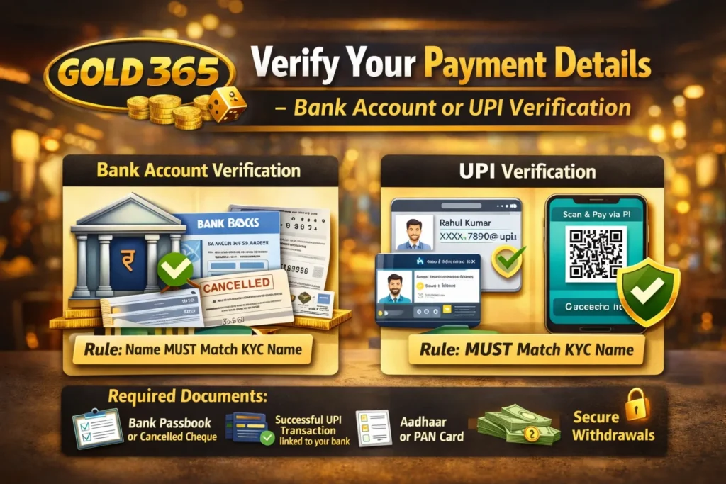 Gold365 payment verification guide showing bank account verification, UPI verification, and required documents