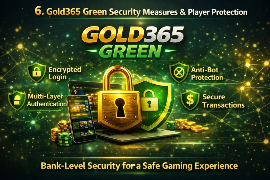 Gold365 Green security image featuring encrypted login, anti-bot protection, and multi-layer authentication with padlock graphics.