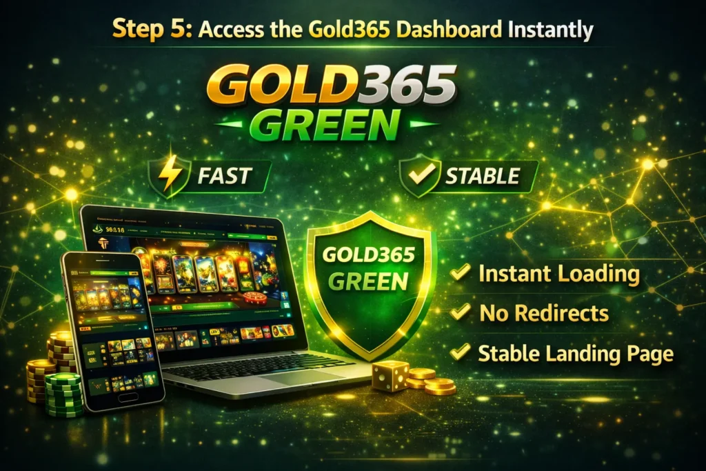 Gold365 Green dashboard login visual with instant loading, stable access, and fast gaming features.