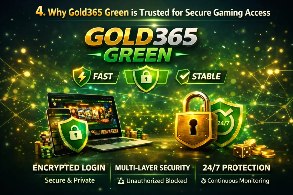 Gold365 Green graphic displaying fast, secure, and stable gaming access with lock and shield icons.