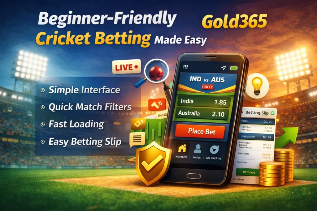 "Gold365 beginner-friendly cricket betting app interface showing simple home screen, live match odds, quick filters, and betting slip"
