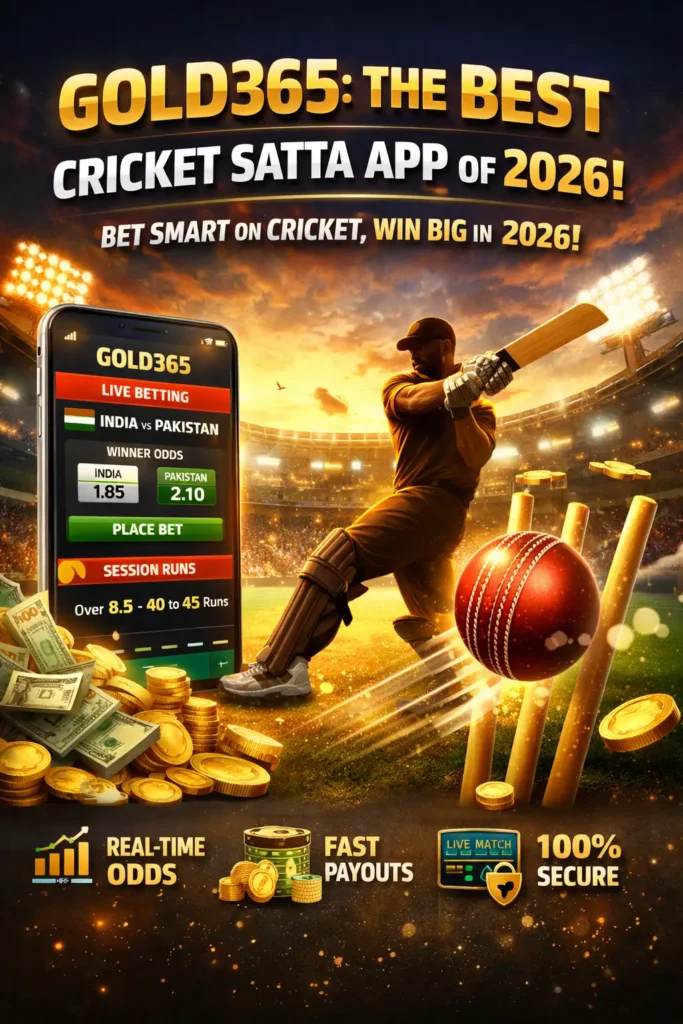 Gold365 Cricket Satta App 2026 visual showing live betting odds, secure betting features, and real-time cricket action.