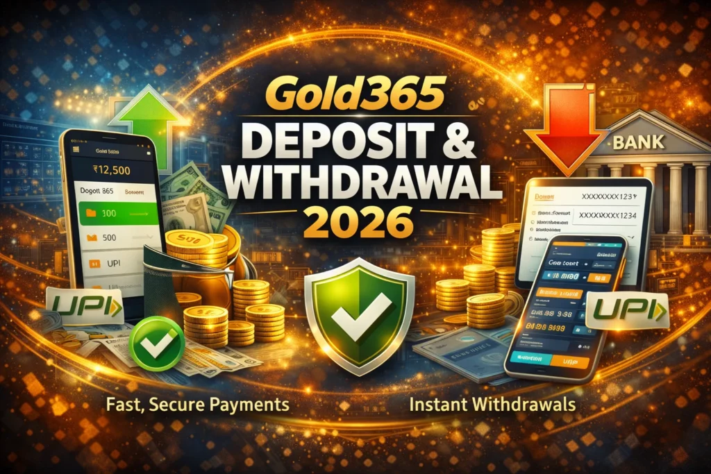 Gold365 Win deposit and withdrawal steps showing UPI payments, verified KYC, and banking security.
