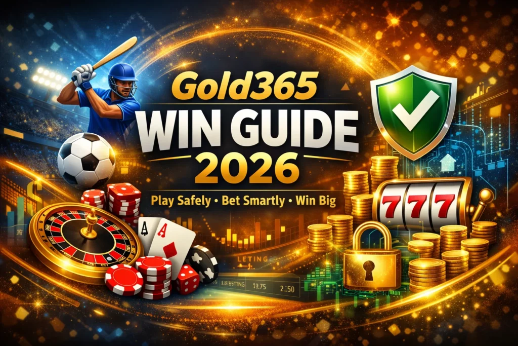 Gold365 Win Guide 2026 cover image showing cricket, casino elements, and secure betting visuals.