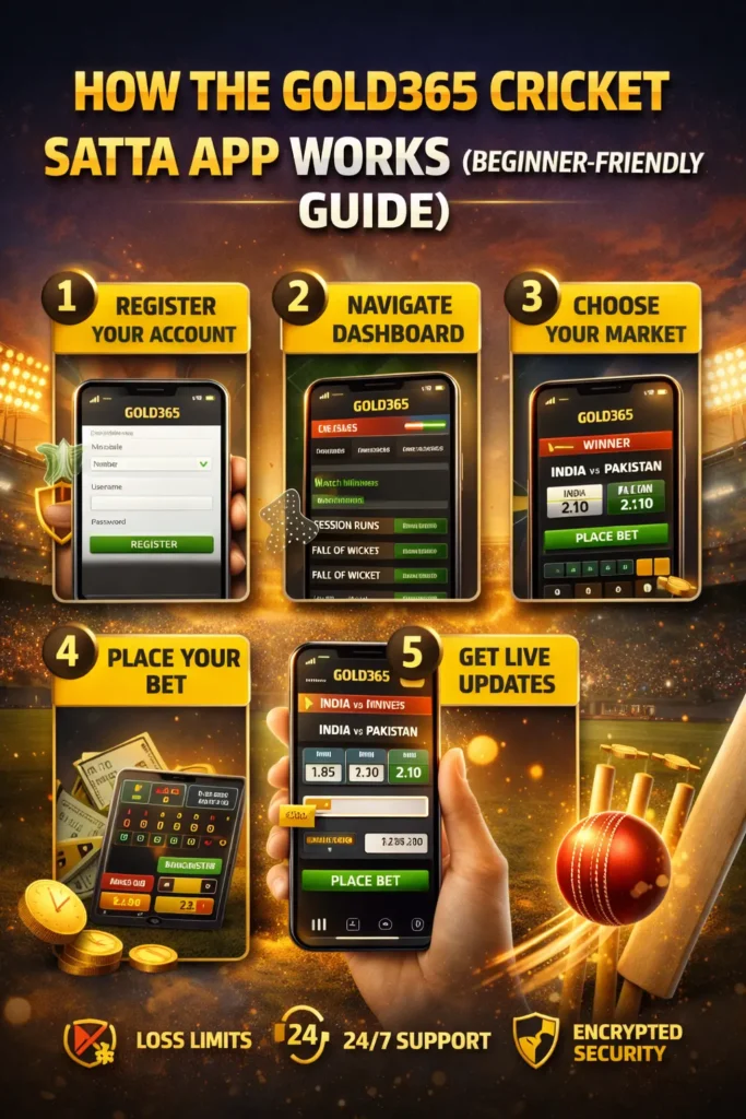 Step-by-step guide showing how the Gold365 Cricket Satta App works, including registration, dashboard navigation, choosing markets, placing bets, and live updates.