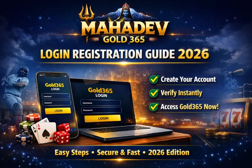 Mahadev Gold 365 Login Registration Guide 2026 introduction graphic with mobile and laptop showing Gold365 sign-up screen.