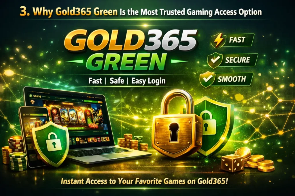 Digital illustration showcasing Gold365 Green secure gaming access with shields, lock icons, and gaming dashboard visuals.