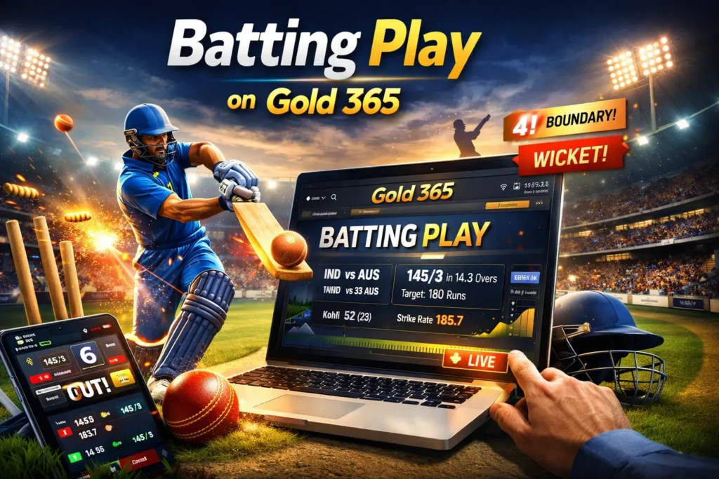 Batting Play on Gold 365 showing live cricket action, batting stats, and real-time updates on laptop and mobile devices.