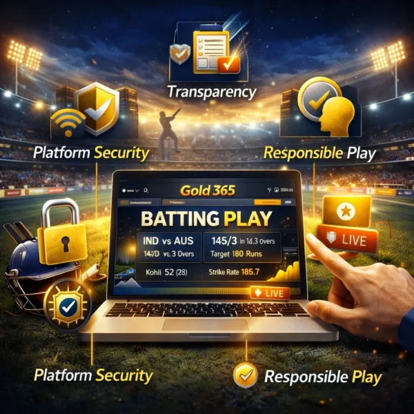 Gold 365 Batting Play interface highlighting platform security, responsible play, and transparency during live cricket matches.