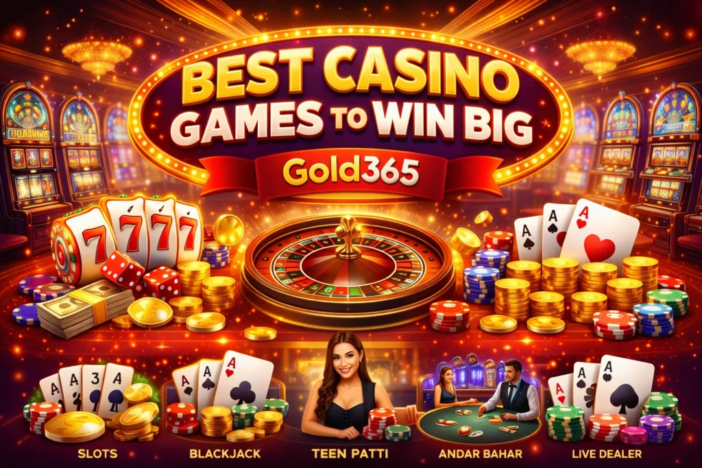 Illustration showing roulette, slots, Teen Patti, Blackjack, and live dealer games highlighting top casino games on Gold365.