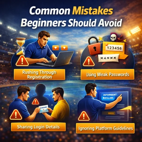 Common beginner mistakes illustration including weak passwords, sharing login details, and rushing registration