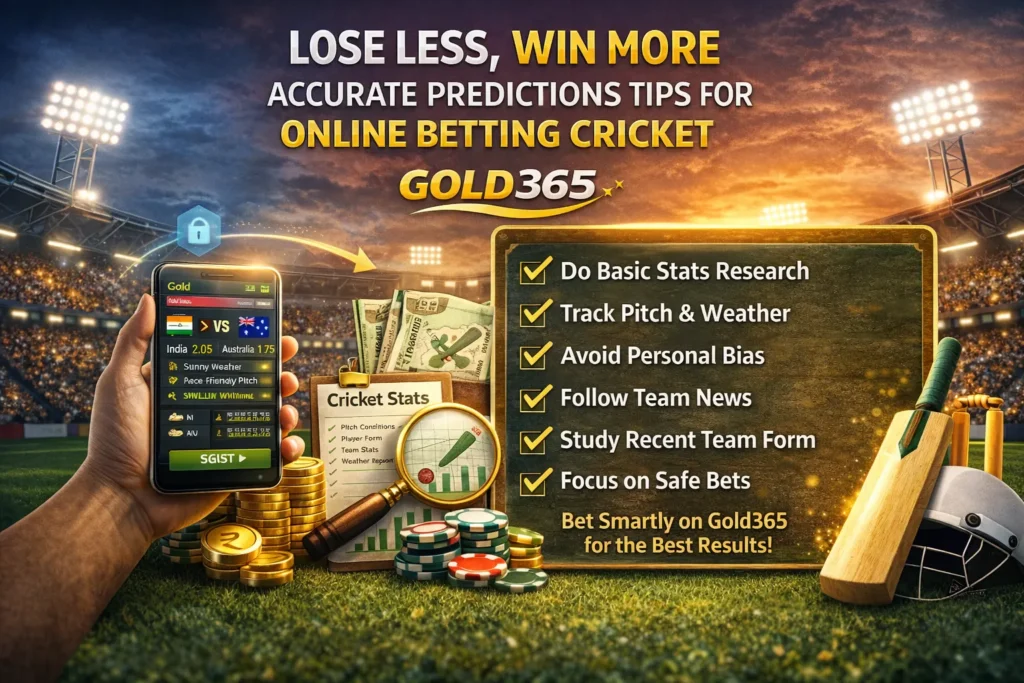 Online Betting Cricket mistakes visual featuring stats, pitching factors, bankroll elements, and Gold365 screen.