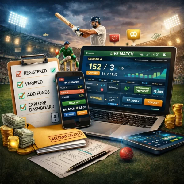 Step-by-step registration process of Gold365 betting account with Sport Betting ID verification and live cricket dashboard