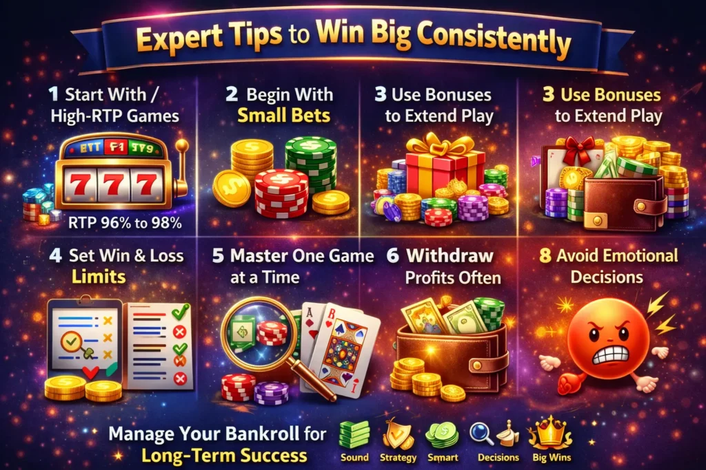 Expert tips to win big consistently on Gold365 with strategies like high-RTP games, bankroll control, limits, and bonuses.