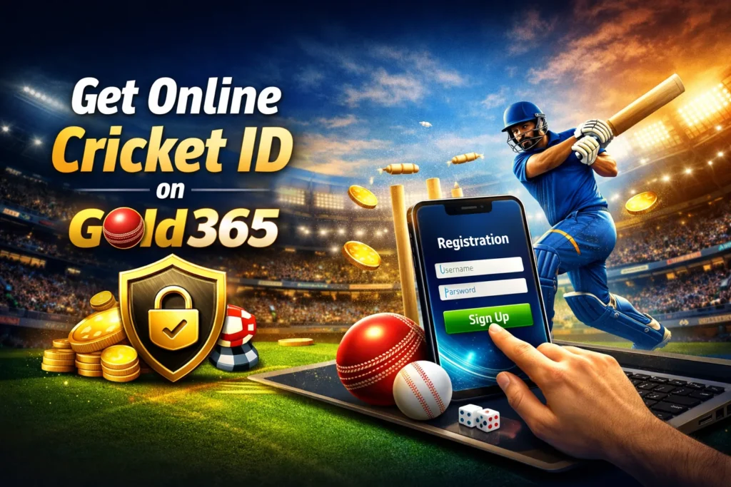 Get Online Cricket ID on Gold365 secure cricket platform illustration with mobile registration screen and cricket stadium background
