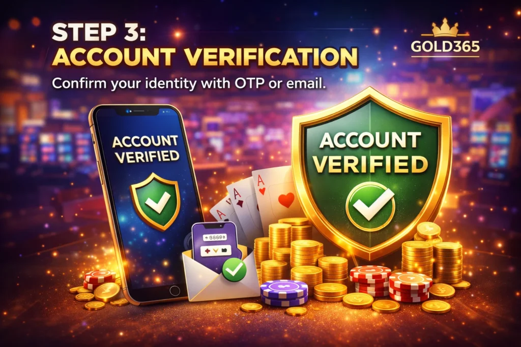 Gold365 account verification step showing mobile OTP, shield badge, and casino elements.