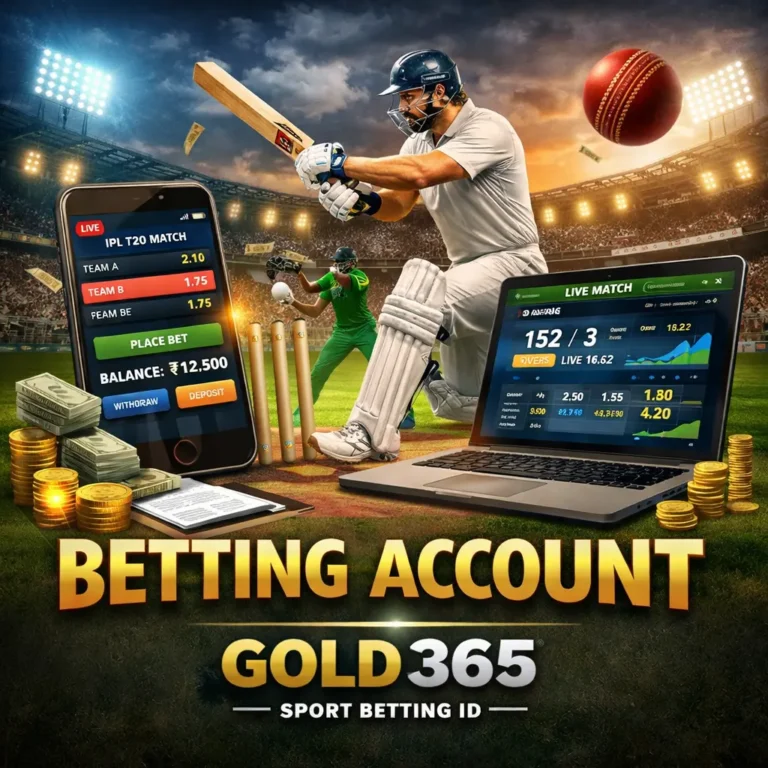 Gold365 betting account dashboard showing live cricket match odds and Sport Betting ID interface on mobile and laptop