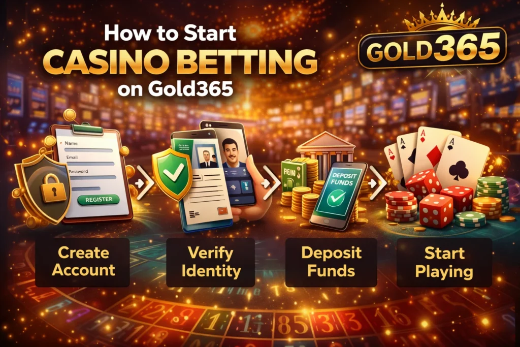 Step-by-step Gold365 casino betting guide showing account creation, identity verification, deposit, and start playing process.
