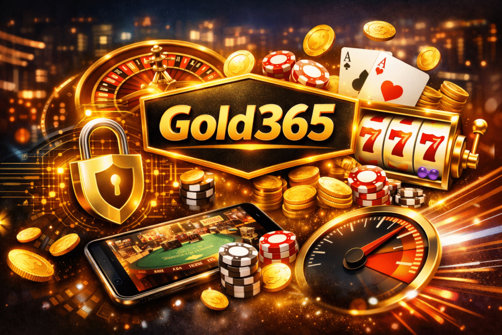 Gold365 online casino illustration showing secure, fast gaming with slots, roulette, cards, and digital security icons.