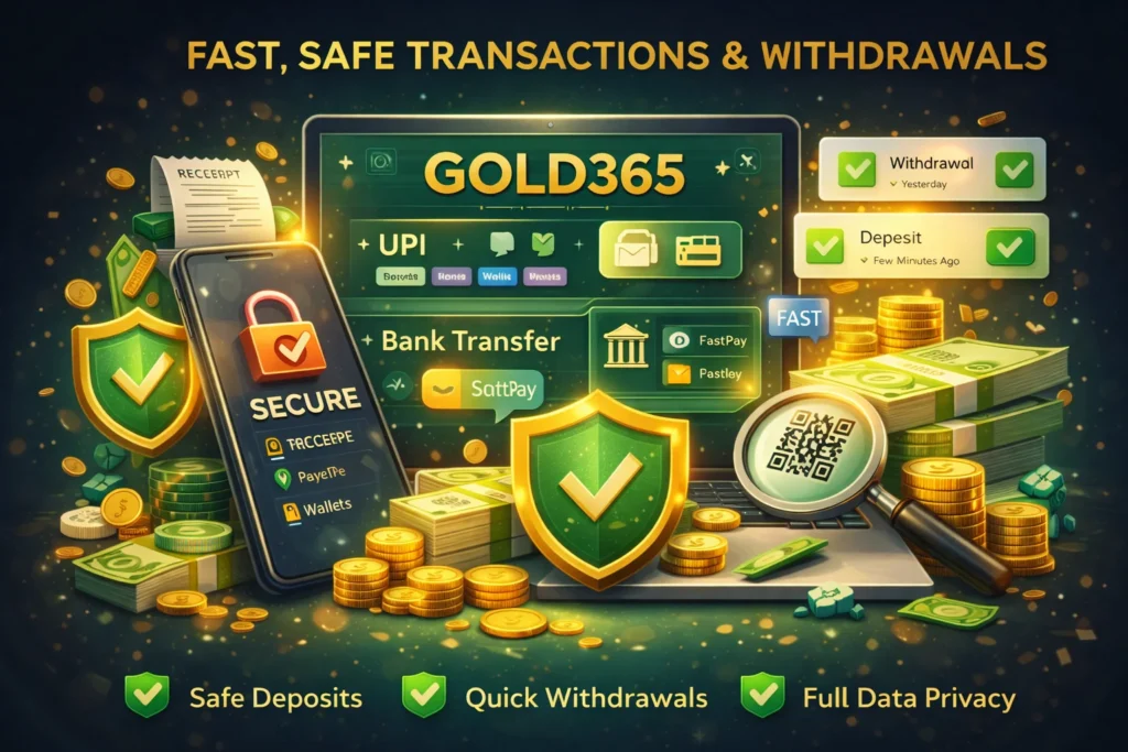 Digital illustration of Gold365 secure withdrawals, UPI payments, bank transfers, QR codes, and financial safety shields.