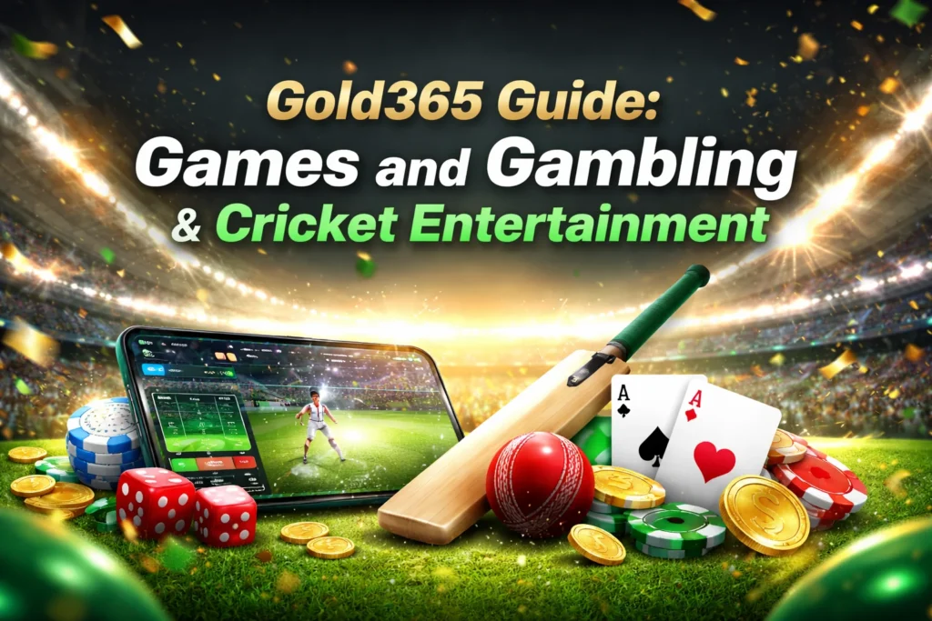 Gold365 games and gambling guide header with cricket bat, smartphone gaming screen, casino chips and cricket entertainment background
