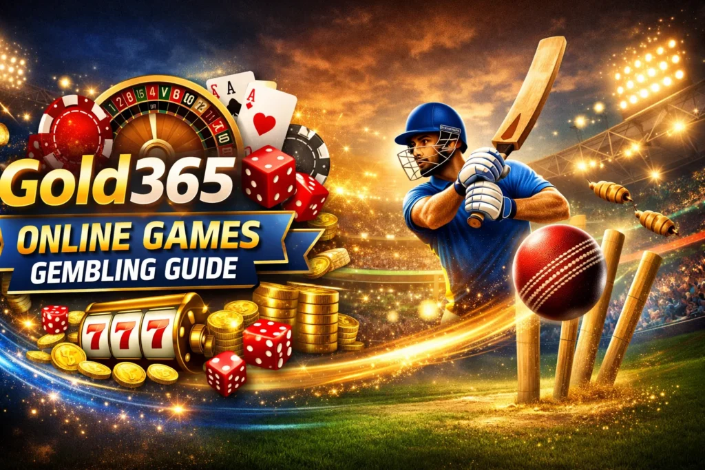Gold365 online games gembling introduction image showing cricket player, gaming elements and digital entertainment platform overview