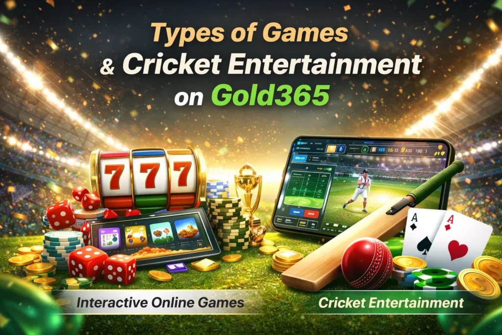 Gold365 platform features showing interactive online games, cricket entertainment dashboard, casino icons and live sports interface