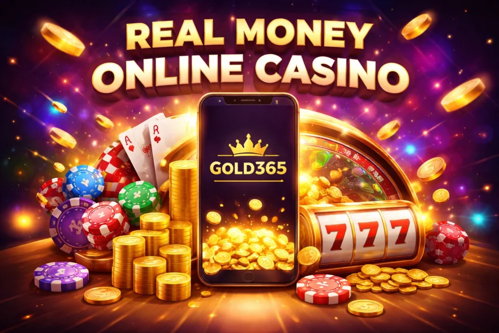 Real Money Online Casino Gold365 Intro Banner with mobile, coins, chips, and slot machine.