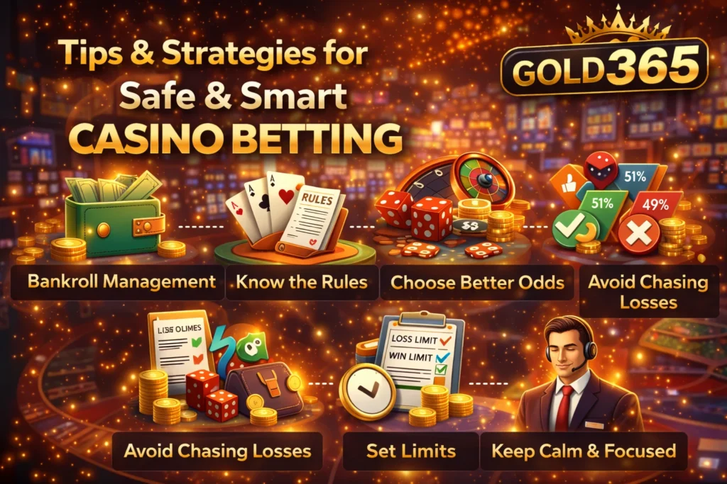 Casino betting strategy infographic showing bankroll management, rules, odds, limits, avoiding losses, and calm gameplay.