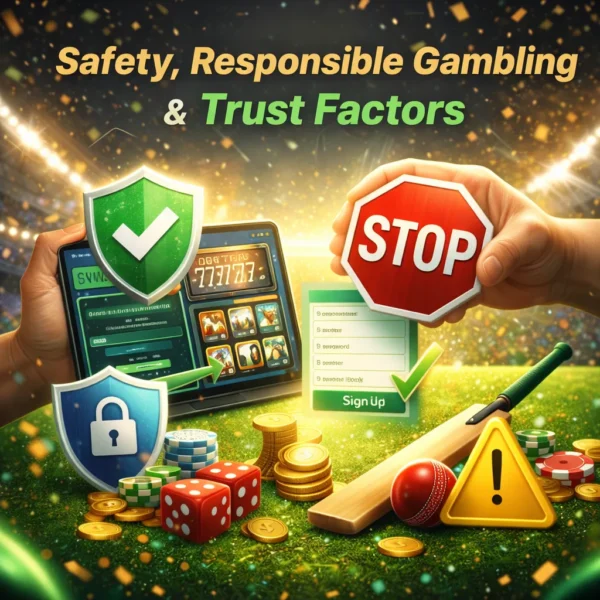 Gold365 safety and responsible gambling illustration showing shield icon, stop sign, security lock and cricket gaming elements