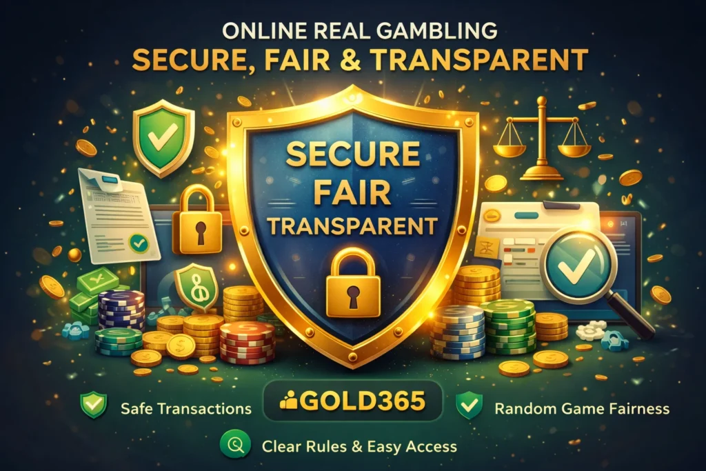 Digital illustration showing Gold365 security shield with icons representing safe transactions, fairness, and transparency.