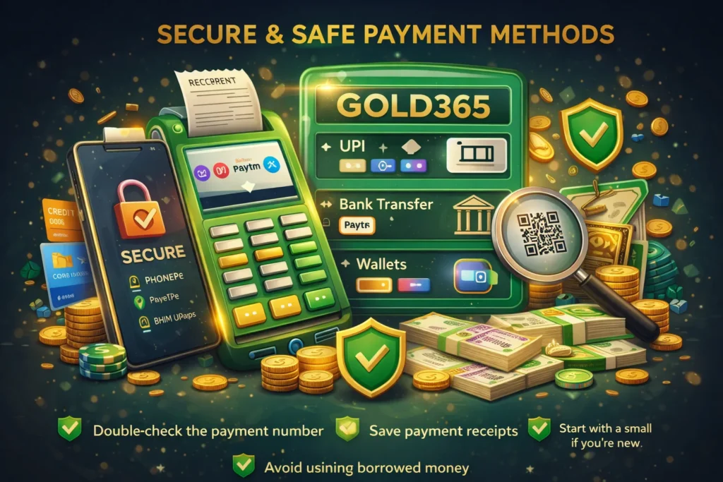 Digital illustration showing Gold365 payment methods such as UPI, bank transfer, and wallets with security icons.