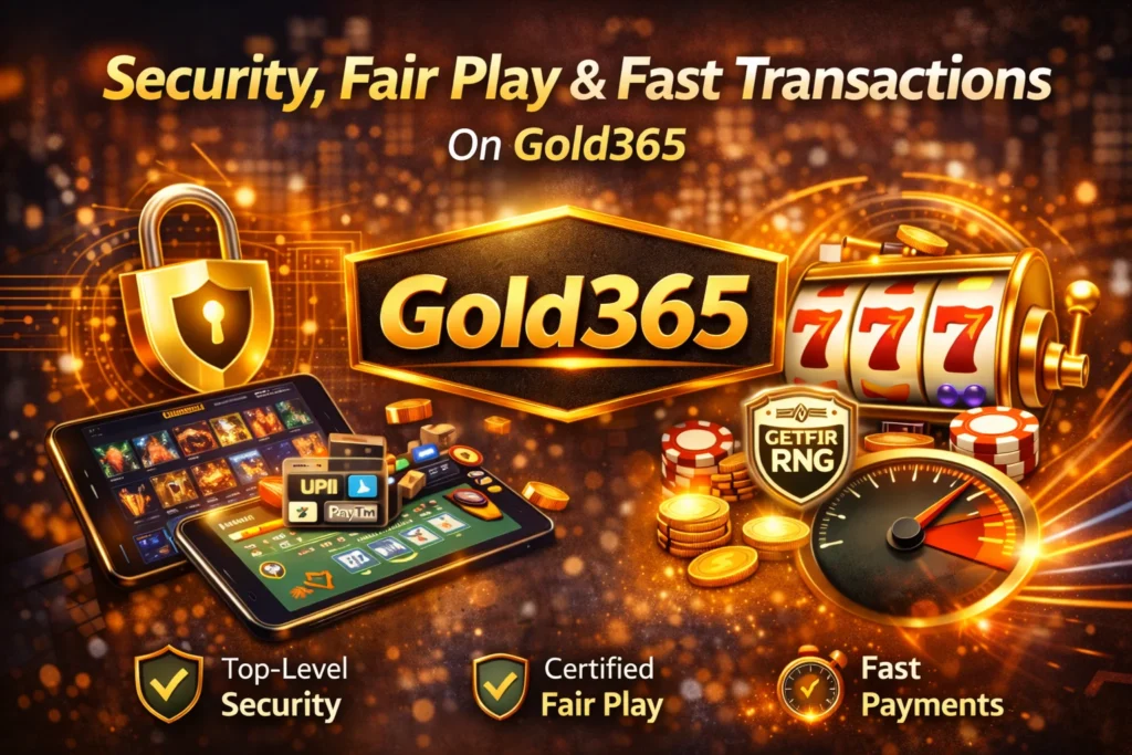 Image showing secure padlock, fair-play badge, slot machine, mobile payment options, and fast-transaction meter on Gold365.