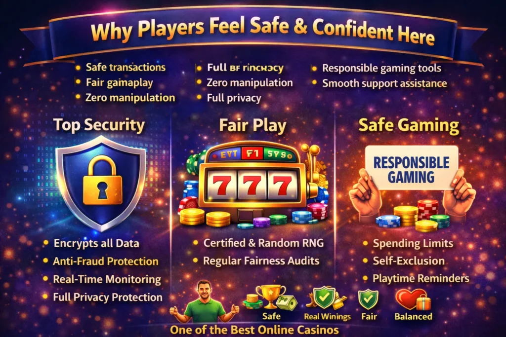 Gold365 security, fair-play, and responsible gaming features including 256-bit protection, RNG fairness, and self-control tools.