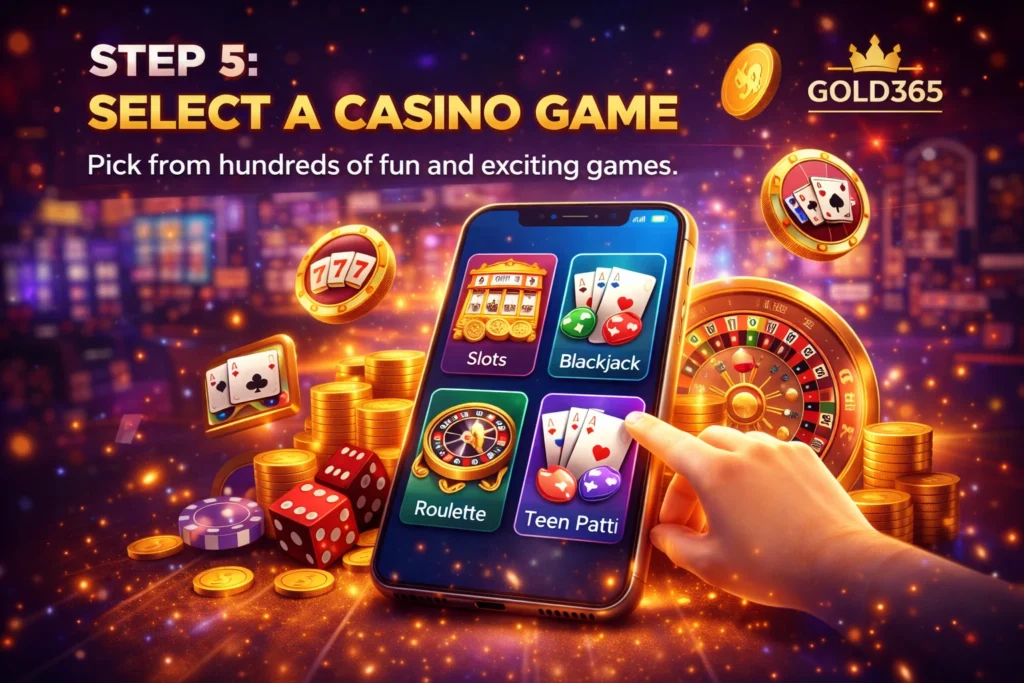 Gold365 gameplay selection screen showing slots, blackjack, roulette, and Teen Patti game options.