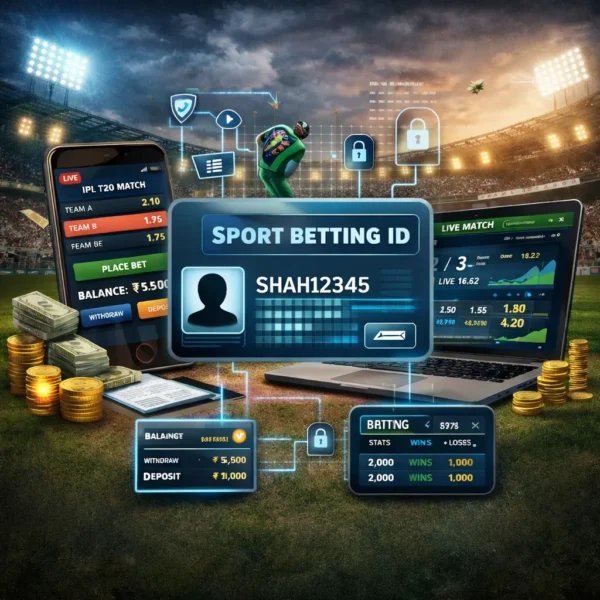 Sport Betting ID card interface showing Gold365 betting account features, wallet balance, and live cricket betting analytics