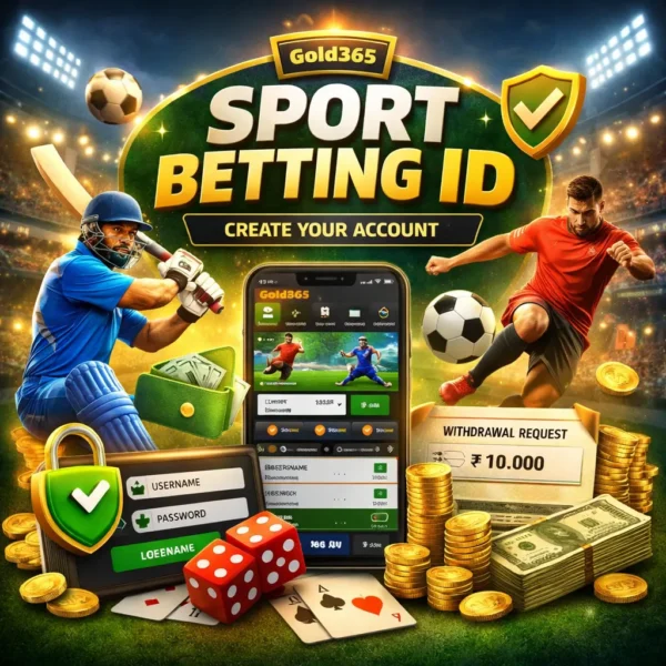 Gold365 Sport Betting ID account creation interface with cricket and football betting illustration