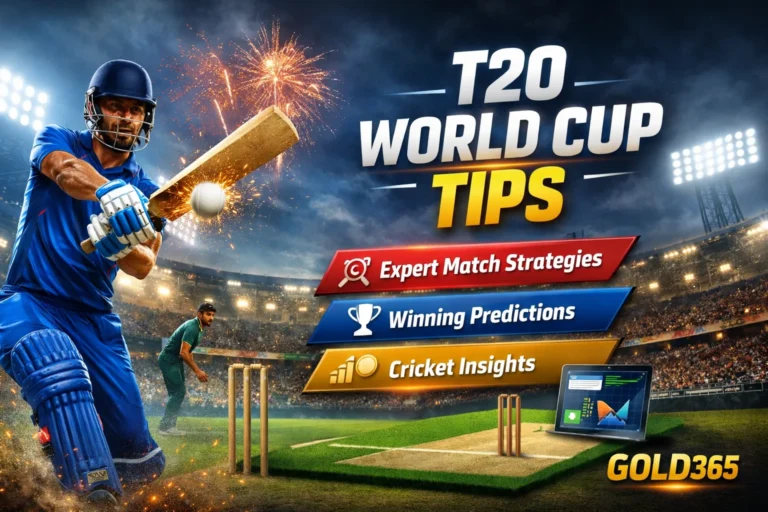T20 World Cup Tips image showing cricket batsman with expert match strategies, predictions and live cricket insights by Gold365