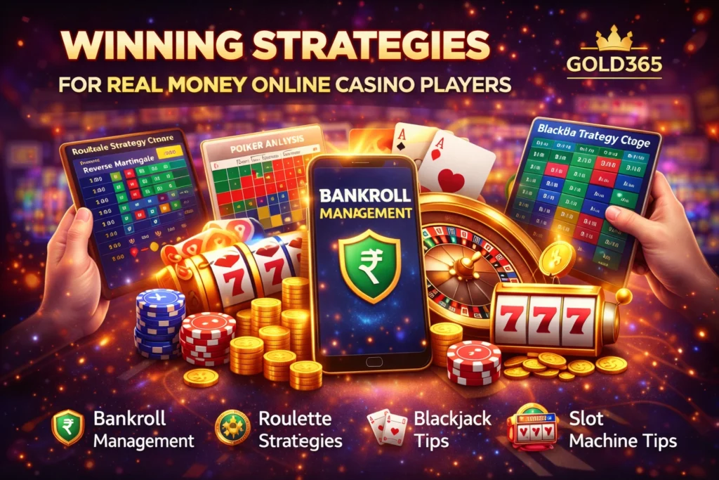 Gold365 winning strategies chart featuring bankroll management, roulette, blackjack, and slot tips.