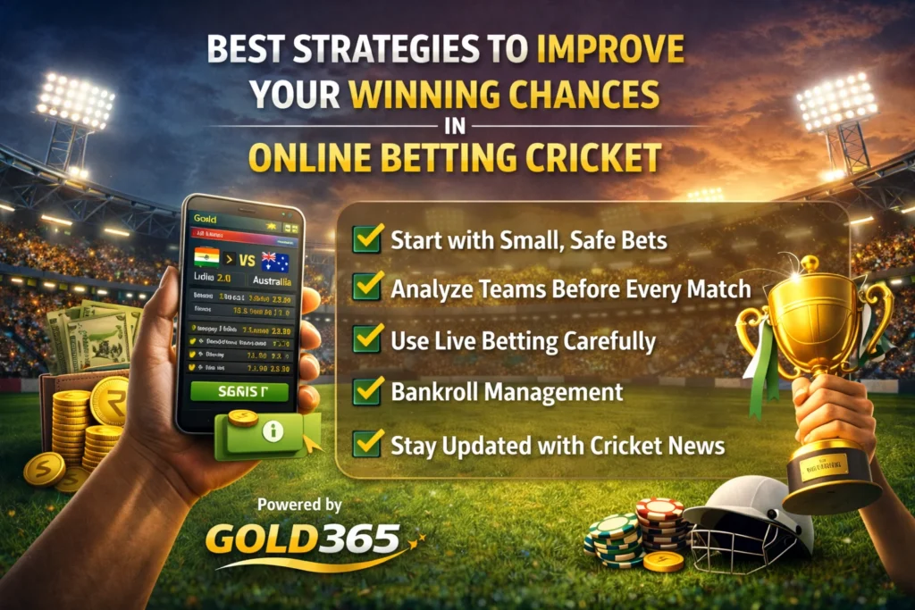 Gold365 online betting strategies graphic showing winning tips, mobile odds, trophy, and coins.