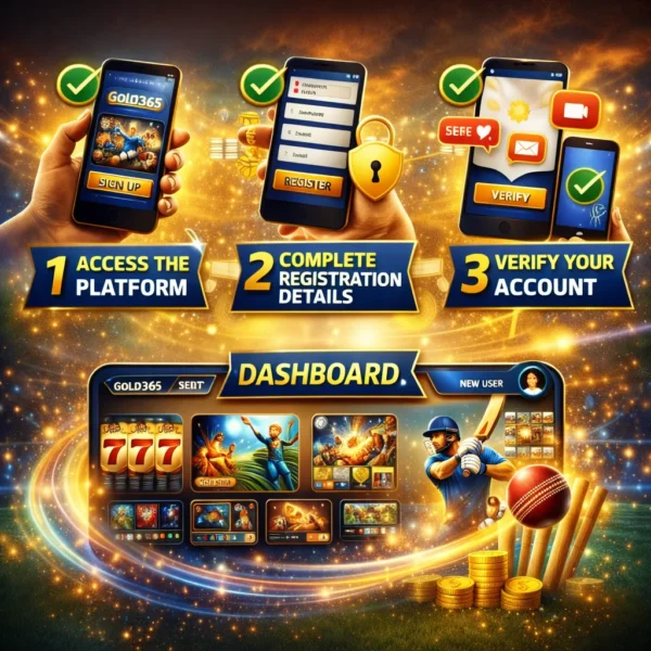 Step by step process showing how online games gembling works on Gold365 with registration, verification and gaming dashboard visuals