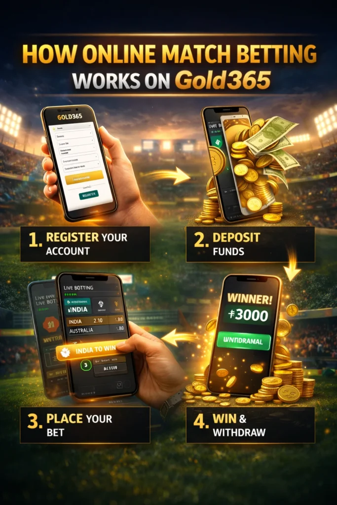Step by step process of Online Match Betting on Gold365 including register deposit bet and withdraw