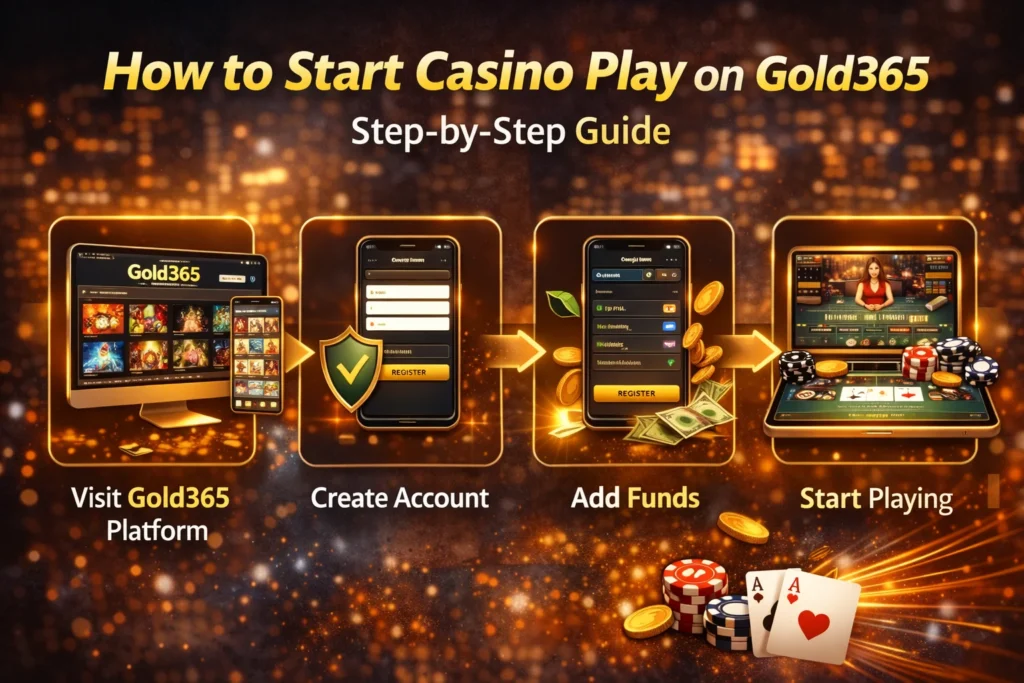 Illustration showing four steps: Visit Gold365, Create Account, Add Funds, and Start Playing.