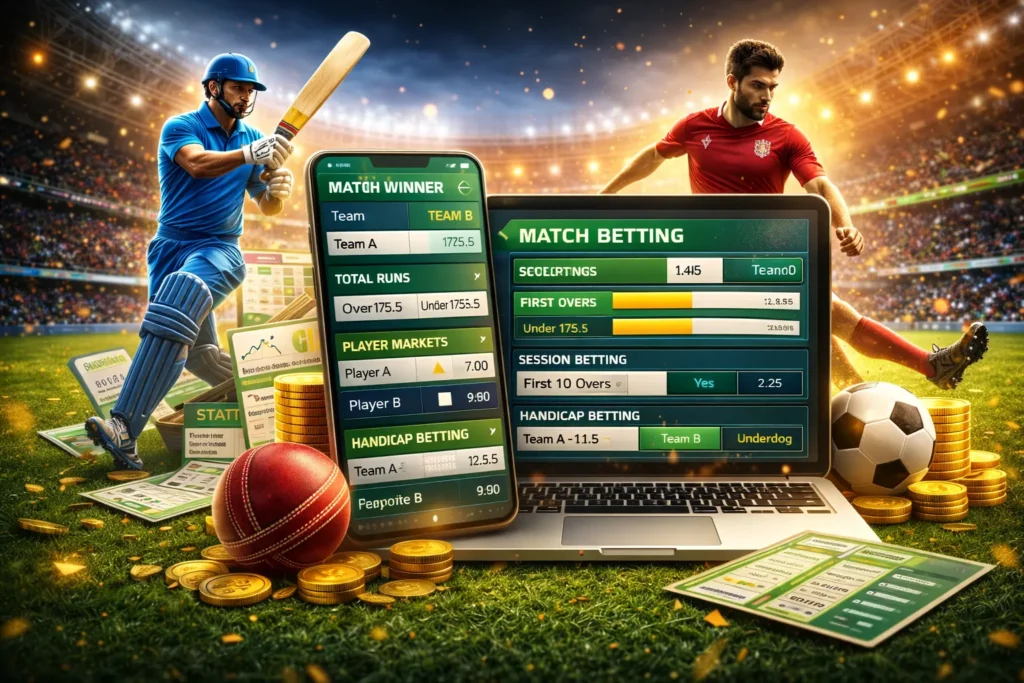 Step by step Online Match Betting process on Gold365 with mobile and laptop interface showing betting markets