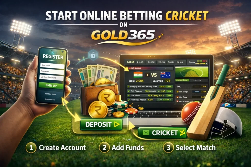 Step-by-step visual guide showing how to start Online Betting Cricket on Gold365.