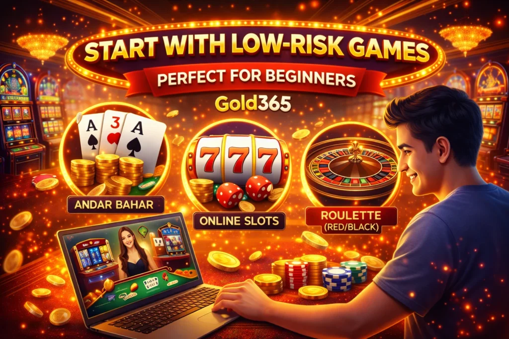 Beginner-friendly casino illustration showing Andar Bahar, Slots, Roulette and a user playing safely on Gold365.