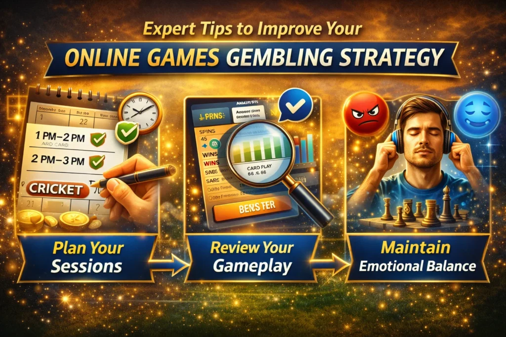 Expert strategy tips for online games gembling showing planning sessions, gameplay analysis and emotional balance techniques