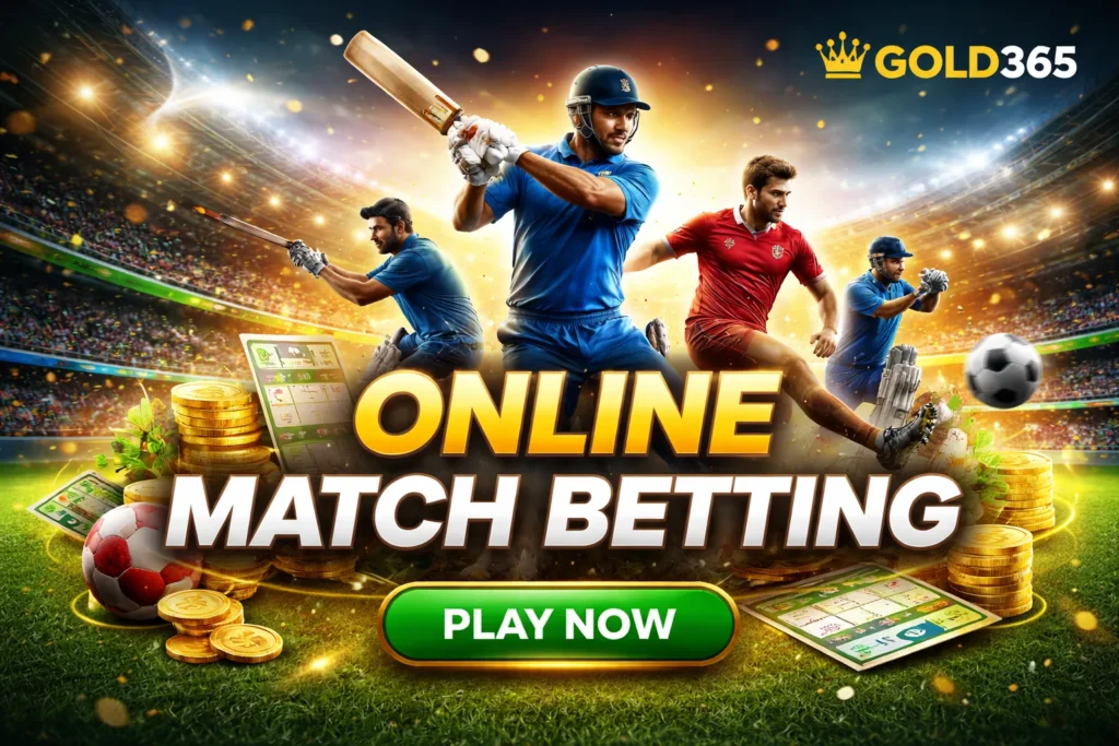 Online Match Betting on Gold365 platform showing cricket and football players with live betting interface and gold coins