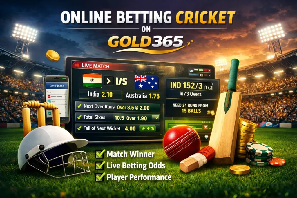 Online Betting Cricket introduction graphic showcasing Gold365 with live match odds and cricket elements.