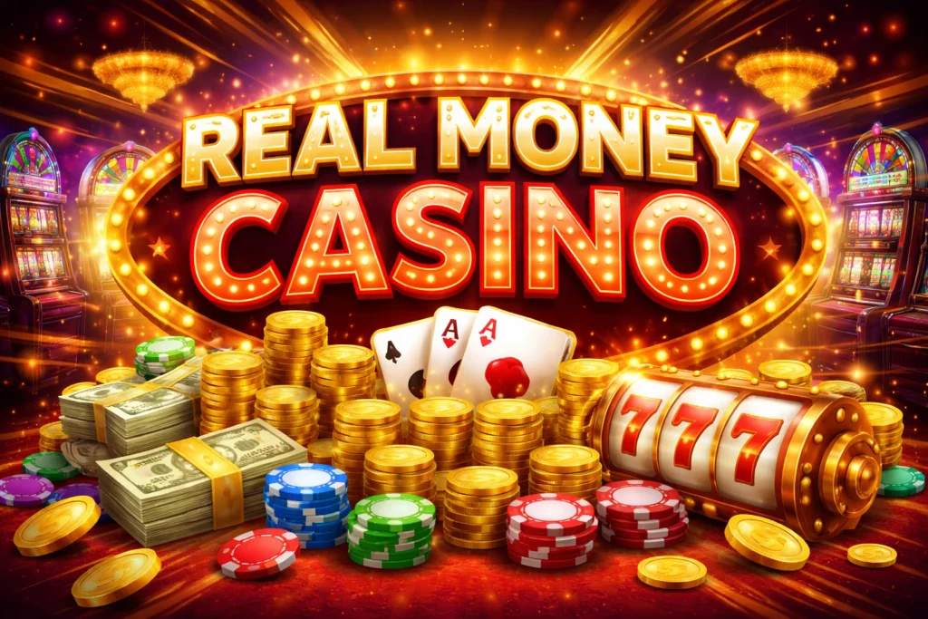 Real Money Casino illustration with gold coins, cards, chips, and slot machine showing 777 for Gold365 introduction.